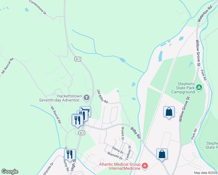 map of restaurants, bars, coffee shops, grocery stores, and more near 3 Old Bilby Road in Hackettstown