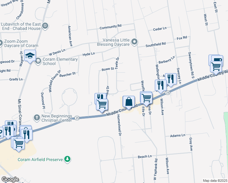 map of restaurants, bars, coffee shops, grocery stores, and more near 4 Clunan Drive in Coram