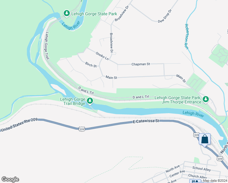 map of restaurants, bars, coffee shops, grocery stores, and more near 6 1st Lane in Jim Thorpe