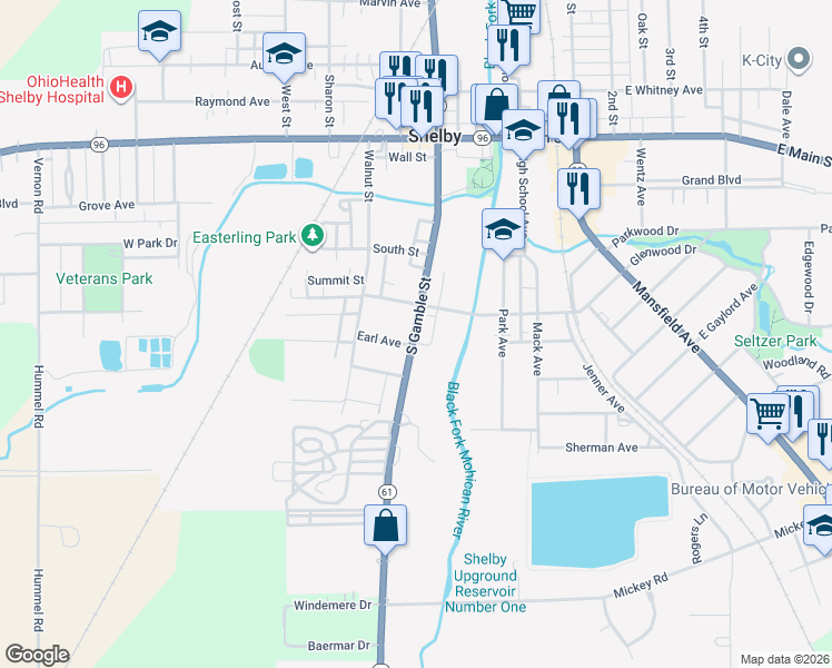 map of restaurants, bars, coffee shops, grocery stores, and more near 83 South Gamble Street in Shelby
