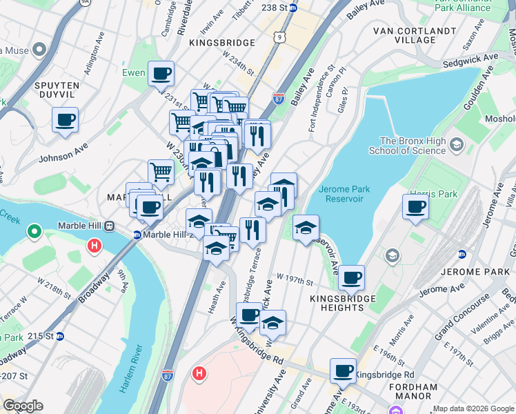 map of restaurants, bars, coffee shops, grocery stores, and more near 2881 Heath Avenue in Bronx