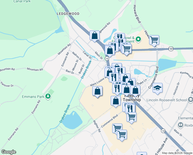 map of restaurants, bars, coffee shops, grocery stores, and more near 8 Mary Louise Avenue in Roxbury Township