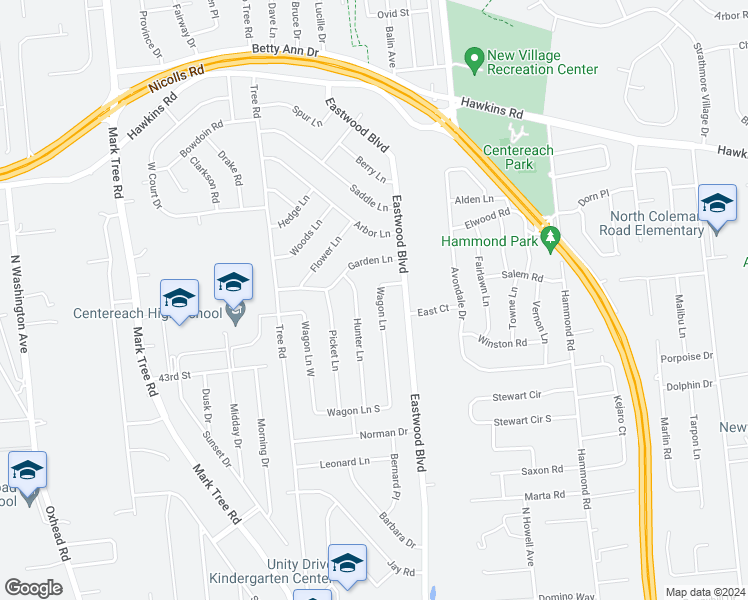 map of restaurants, bars, coffee shops, grocery stores, and more near 10 Wagon Lane in Centereach