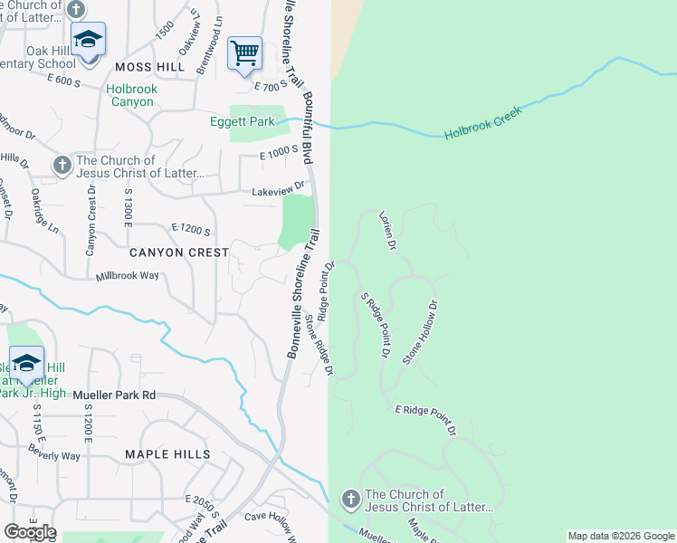 map of restaurants, bars, coffee shops, grocery stores, and more near 1416 South Ridge Point Drive in Bountiful
