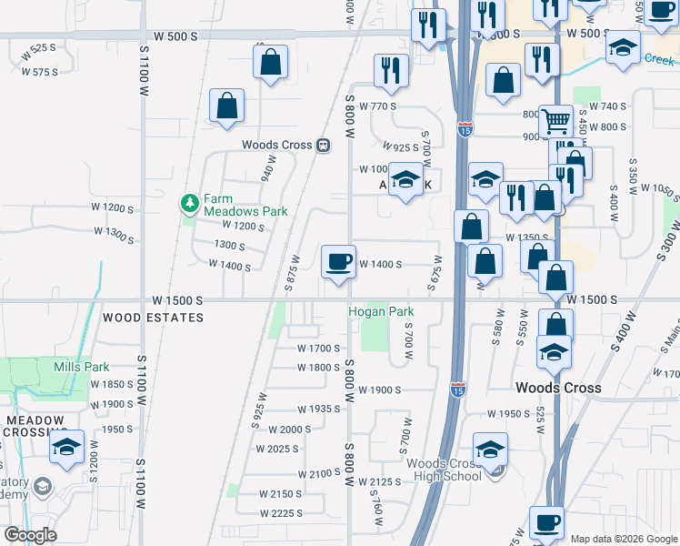 map of restaurants, bars, coffee shops, grocery stores, and more near 1414 South 800 West in Woods Cross