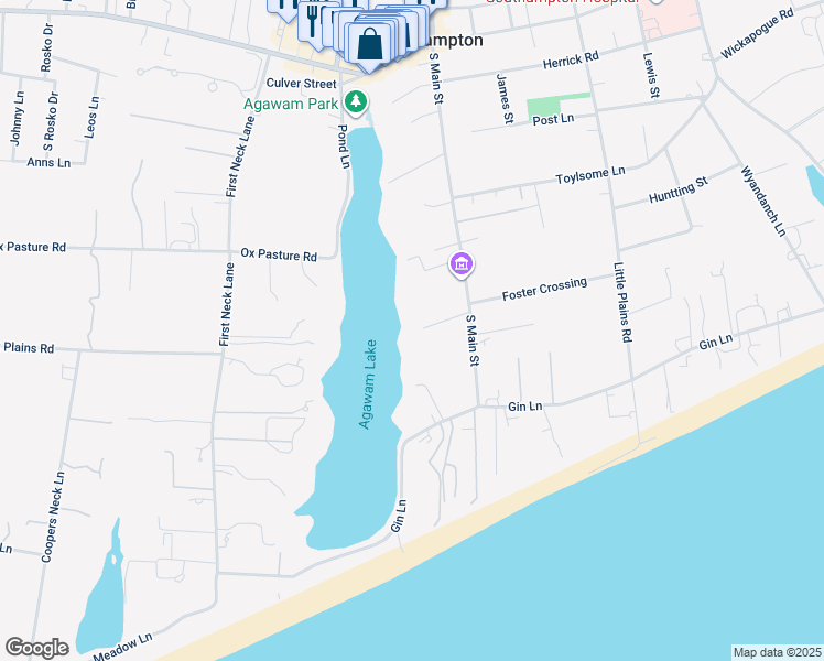 map of restaurants, bars, coffee shops, grocery stores, and more near 325 South Main Street in Southampton