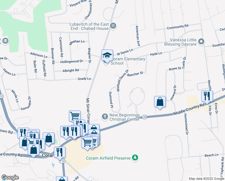 map of restaurants, bars, coffee shops, grocery stores, and more near 14 Dumond Place in Coram