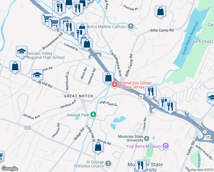 map of restaurants, bars, coffee shops, grocery stores, and more near 1 Notch Road in Little Falls
