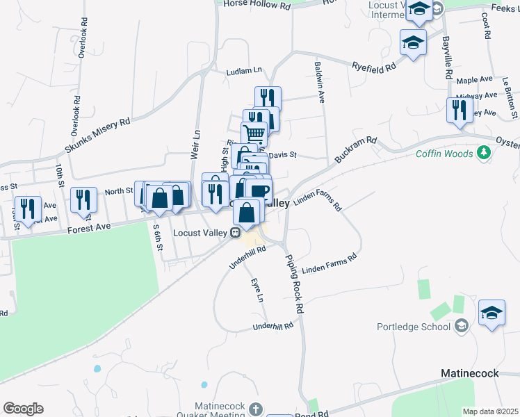 map of restaurants, bars, coffee shops, grocery stores, and more near 3 Elm Street in Locust Valley