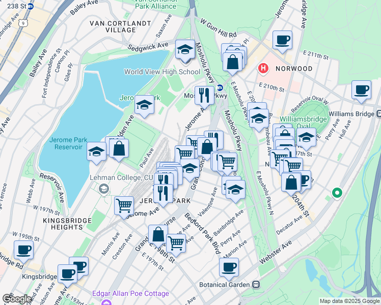 map of restaurants, bars, coffee shops, grocery stores, and more near 25 East 205th Street in Bronx
