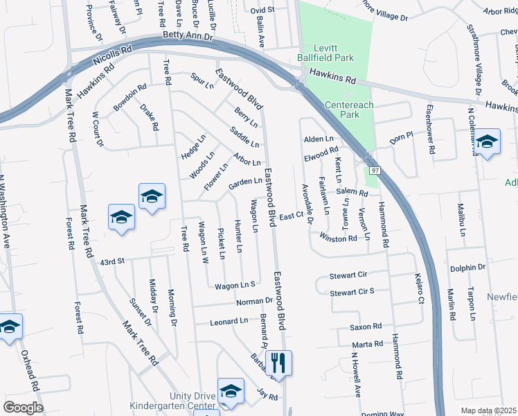 map of restaurants, bars, coffee shops, grocery stores, and more near 22 Wagon Lane in Centereach