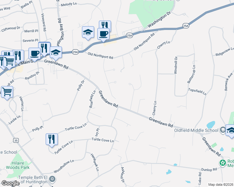 map of restaurants, bars, coffee shops, grocery stores, and more near 20 Makanna Drive in Huntington