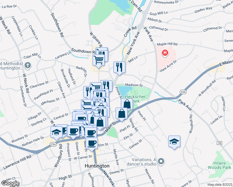 map of restaurants, bars, coffee shops, grocery stores, and more near 11 Lake Place in Huntington