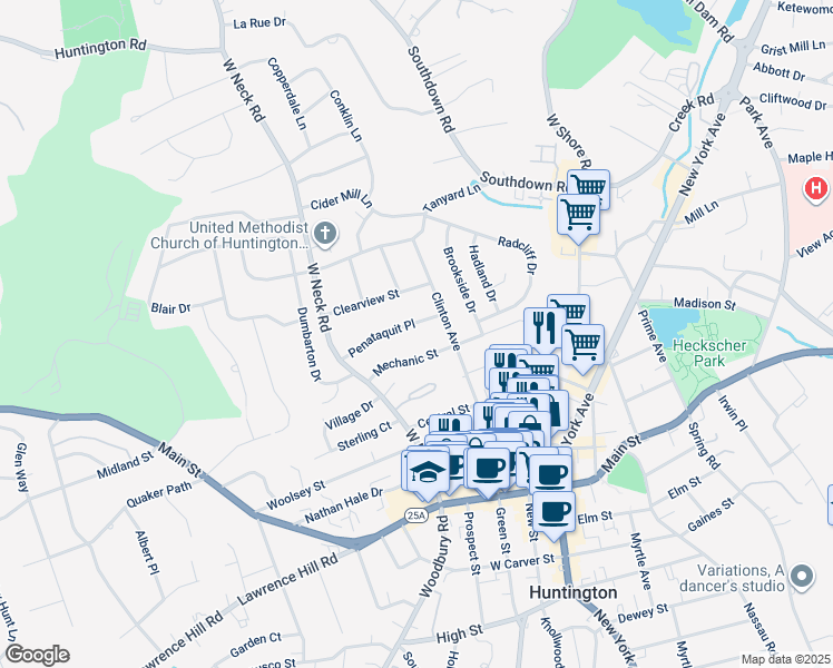 map of restaurants, bars, coffee shops, grocery stores, and more near 54 Mechanic Street in Huntington