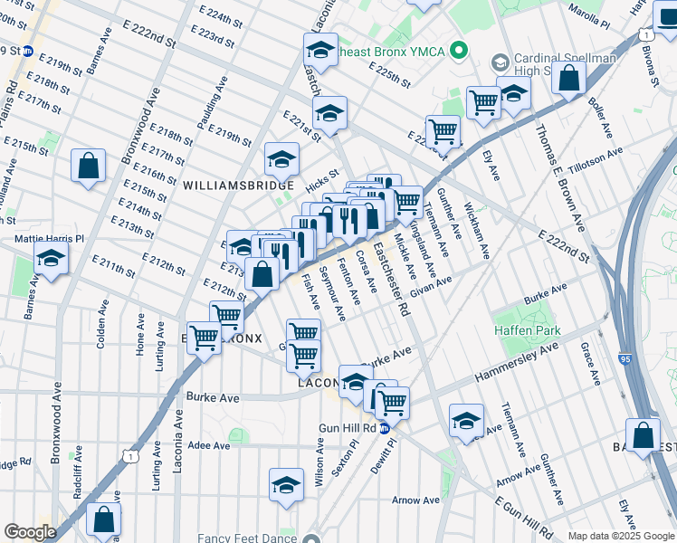 map of restaurants, bars, coffee shops, grocery stores, and more near 3328 Seymour Avenue in Bronx