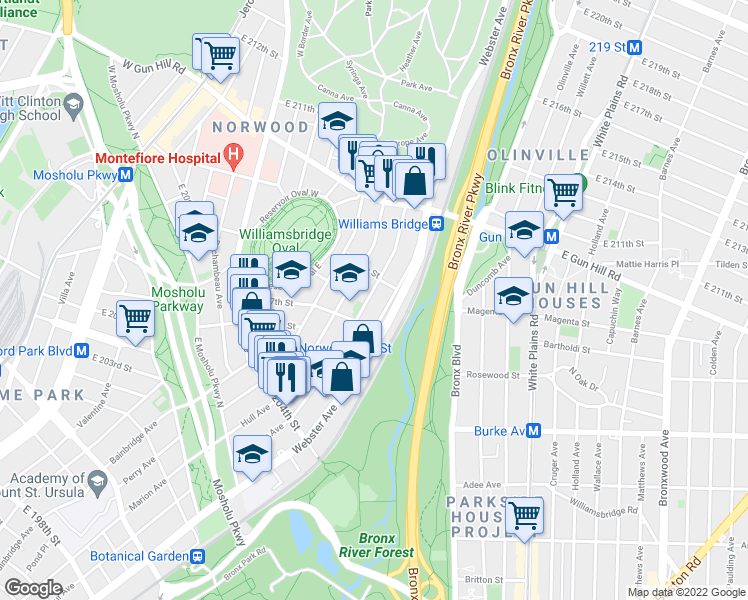 map of restaurants, bars, coffee shops, grocery stores, and more near 3249 Parkside Place in Bronx