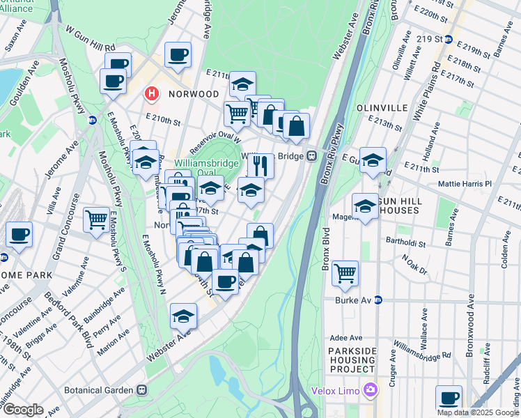 map of restaurants, bars, coffee shops, grocery stores, and more near 350 East 207th Street in Bronx