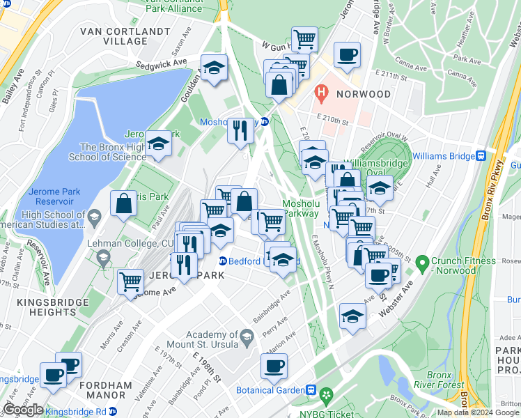 map of restaurants, bars, coffee shops, grocery stores, and more near in The Bronx