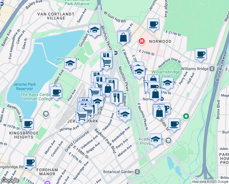 map of restaurants, bars, coffee shops, grocery stores, and more near in The Bronx