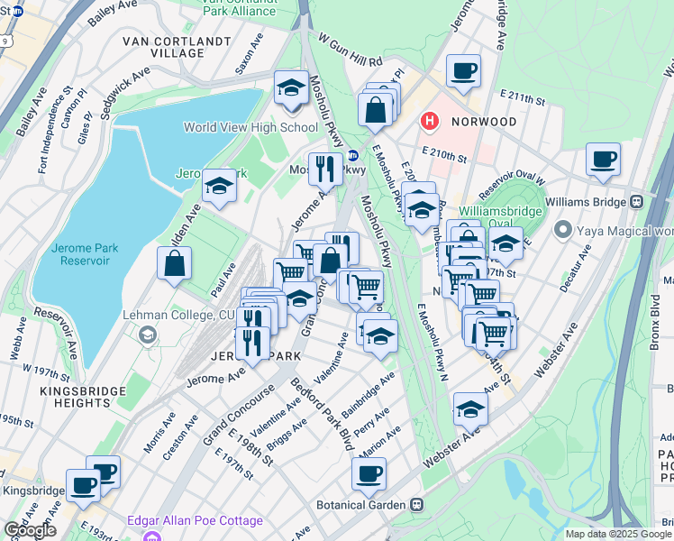 map of restaurants, bars, coffee shops, grocery stores, and more near in The Bronx