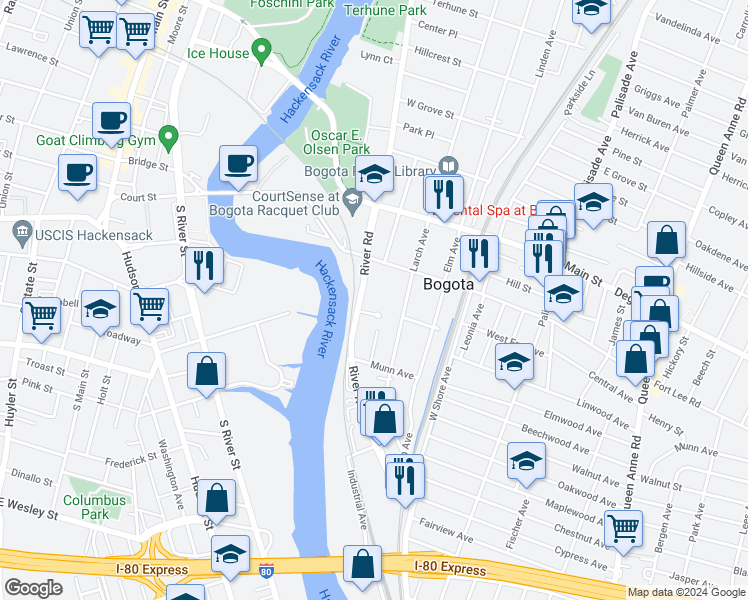 map of restaurants, bars, coffee shops, grocery stores, and more near 113 Bogota Gardens in Bogota