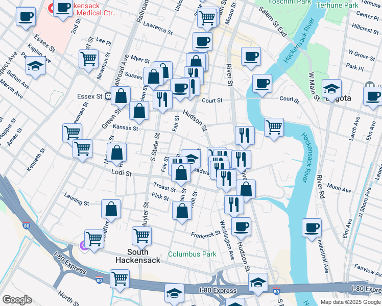 map of restaurants, bars, coffee shops, grocery stores, and more near 89 New Street in Hackensack