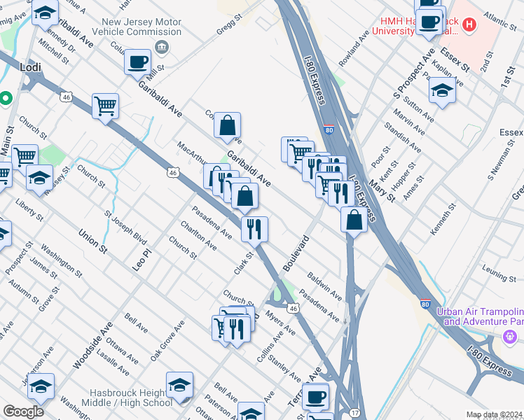 map of restaurants, bars, coffee shops, grocery stores, and more near 9 Clark Court in Hasbrouck Heights