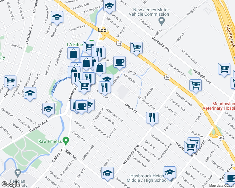 map of restaurants, bars, coffee shops, grocery stores, and more near 125 Union Street in Lodi