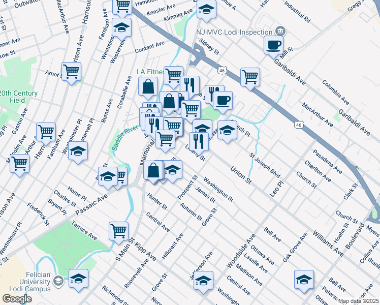 map of restaurants, bars, coffee shops, grocery stores, and more near 63 Washington Street in Lodi