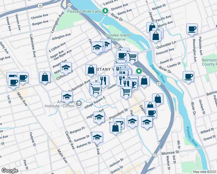 map of restaurants, bars, coffee shops, grocery stores, and more near 80 Lake Avenue in Clifton