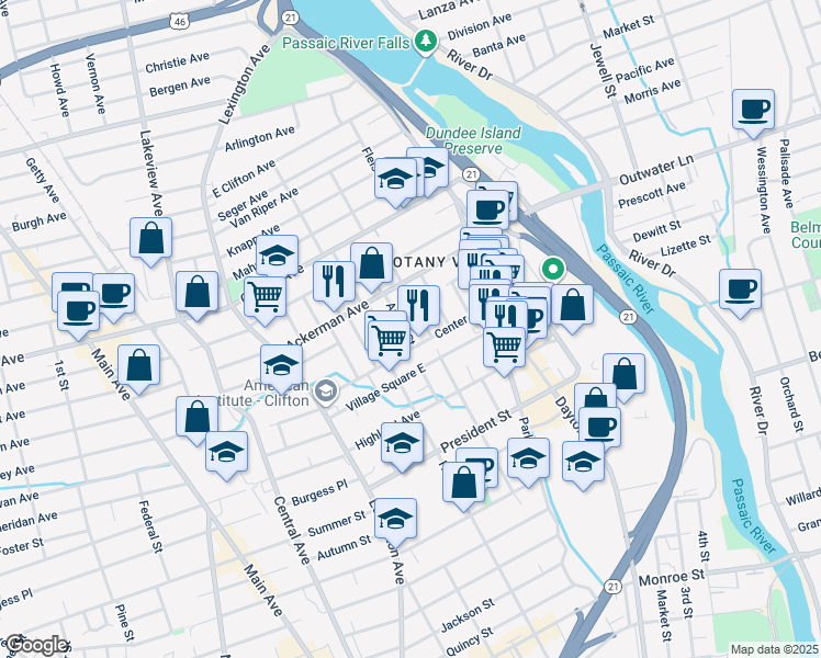 map of restaurants, bars, coffee shops, grocery stores, and more near 75 Center Street in Clifton