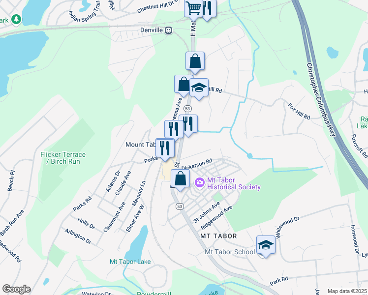 map of restaurants, bars, coffee shops, grocery stores, and more near in Denville