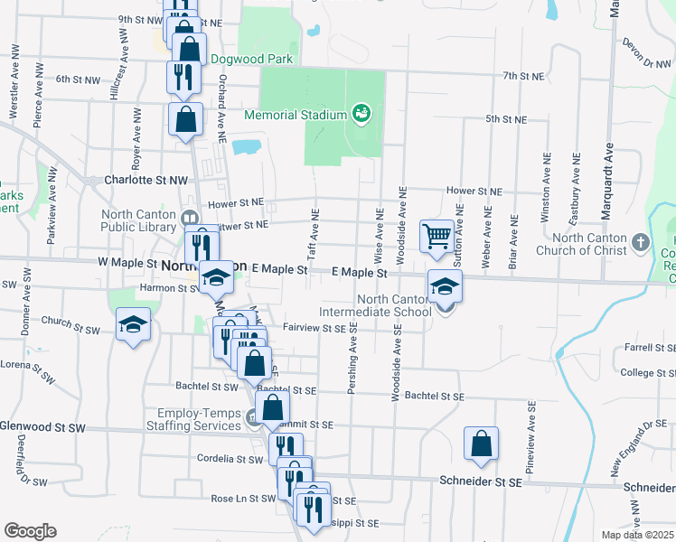 map of restaurants, bars, coffee shops, grocery stores, and more near 525 Hartman Street Southeast in North Canton