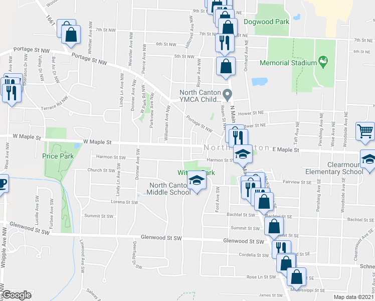 map of restaurants, bars, coffee shops, grocery stores, and more near 409 Harmon Street Southwest in North Canton