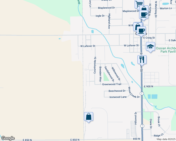 map of restaurants, bars, coffee shops, grocery stores, and more near 1 Countryside Lane in Ossian