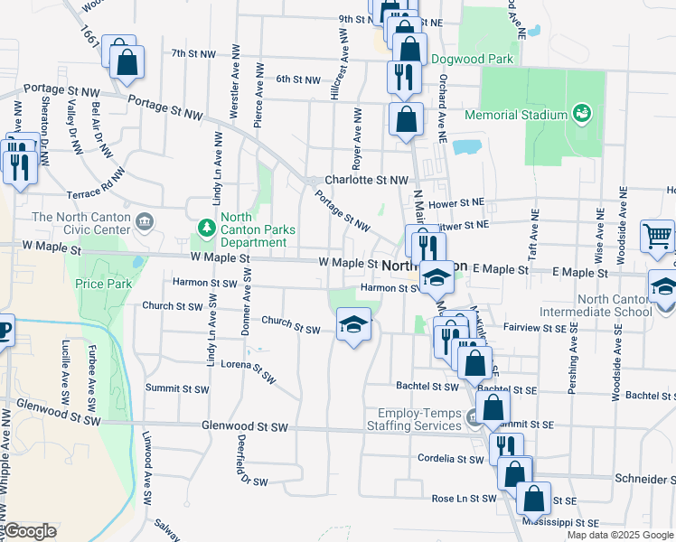 map of restaurants, bars, coffee shops, grocery stores, and more near 408 West Maple Street in Canton