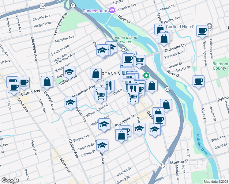 map of restaurants, bars, coffee shops, grocery stores, and more near 80 Lake Avenue in Clifton