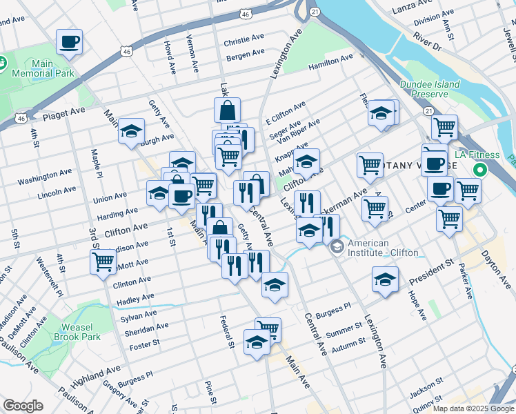map of restaurants, bars, coffee shops, grocery stores, and more near 31 East Madison Avenue in Clifton