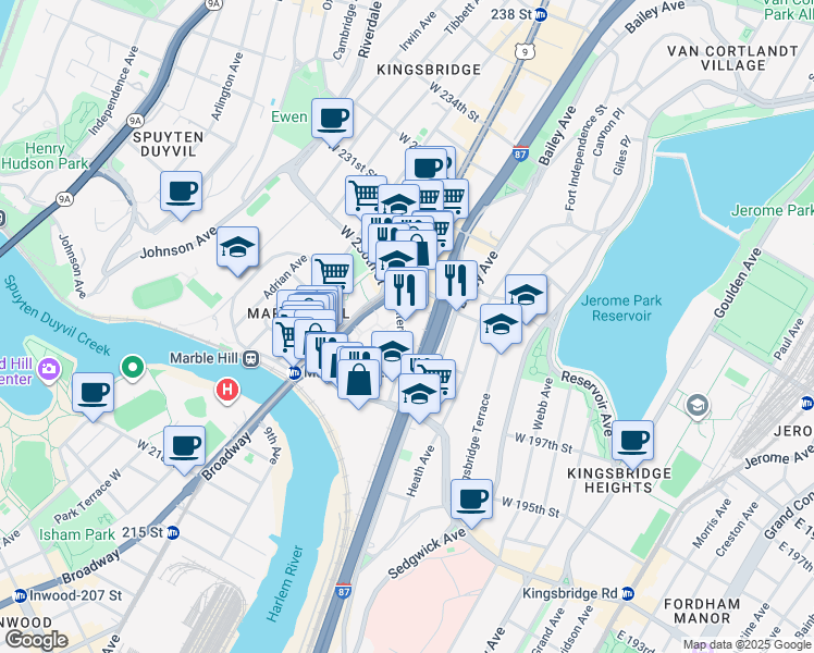 map of restaurants, bars, coffee shops, grocery stores, and more near 2880 Exterior Street in Bronx