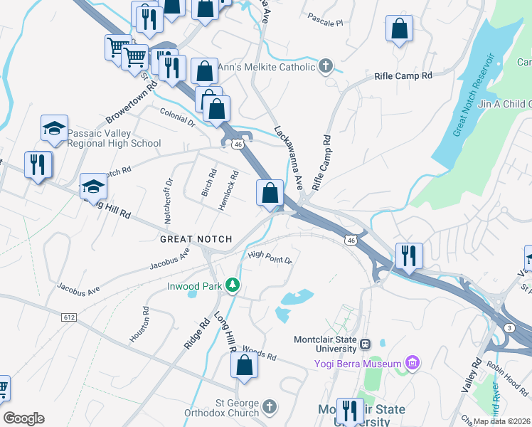 map of restaurants, bars, coffee shops, grocery stores, and more near 4 Notch Road in Little Falls