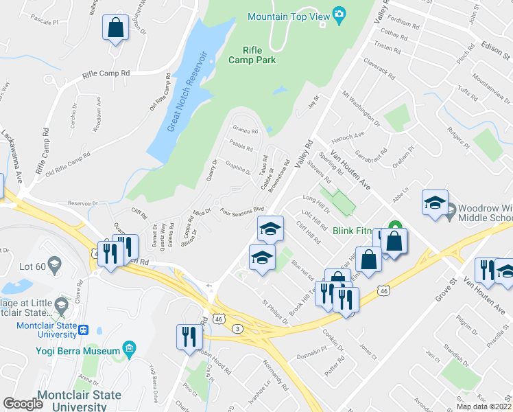 map of restaurants, bars, coffee shops, grocery stores, and more near 101 Four Seasons Boulevard in Woodland Park