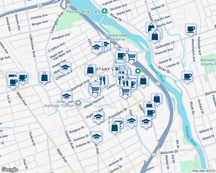 map of restaurants, bars, coffee shops, grocery stores, and more near 80 Lake Avenue in Clifton