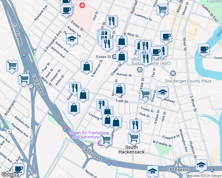 map of restaurants, bars, coffee shops, grocery stores, and more near 106 Mckinley Street in Hackensack