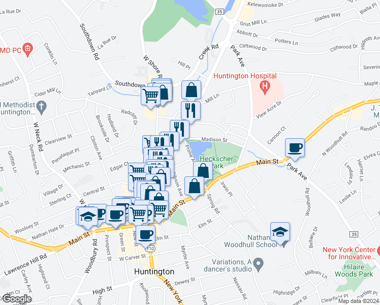 map of restaurants, bars, coffee shops, grocery stores, and more near 78 Prime Avenue in Huntington