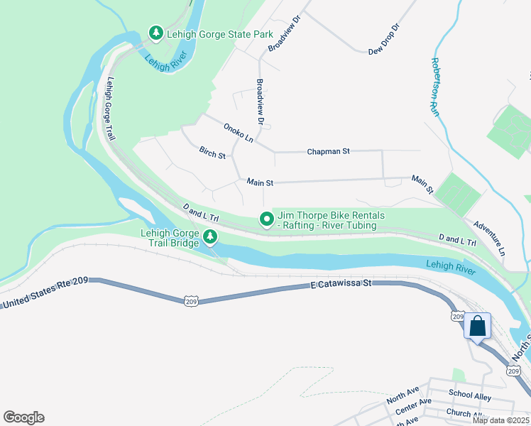 map of restaurants, bars, coffee shops, grocery stores, and more near 6 1st Lane in Jim Thorpe