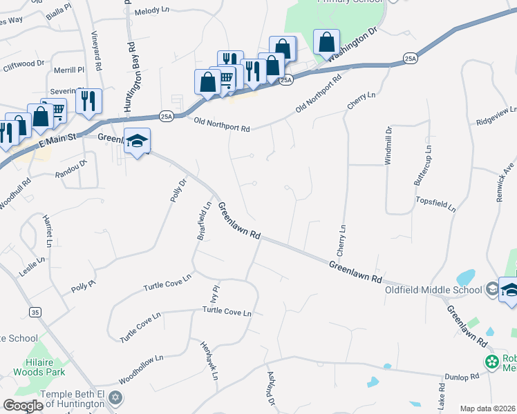 map of restaurants, bars, coffee shops, grocery stores, and more near 3 Blue Sky Court in Huntington