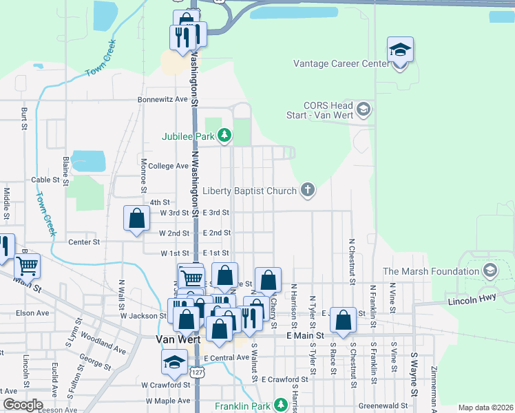 map of restaurants, bars, coffee shops, grocery stores, and more near 628 North Walnut Street in Van Wert