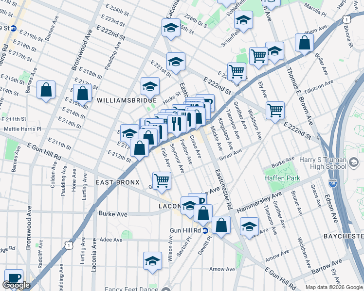 map of restaurants, bars, coffee shops, grocery stores, and more near 3464 Boston Road in Bronx