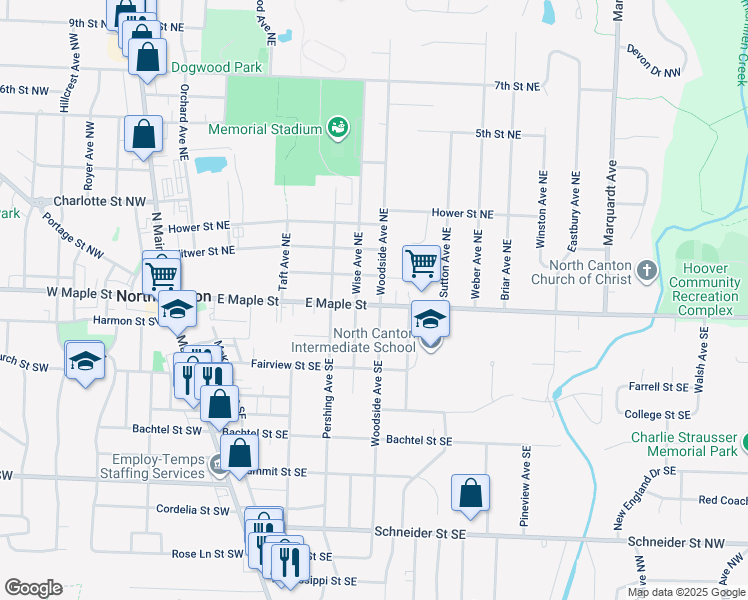 map of restaurants, bars, coffee shops, grocery stores, and more near 721 East Maple Street in Canton