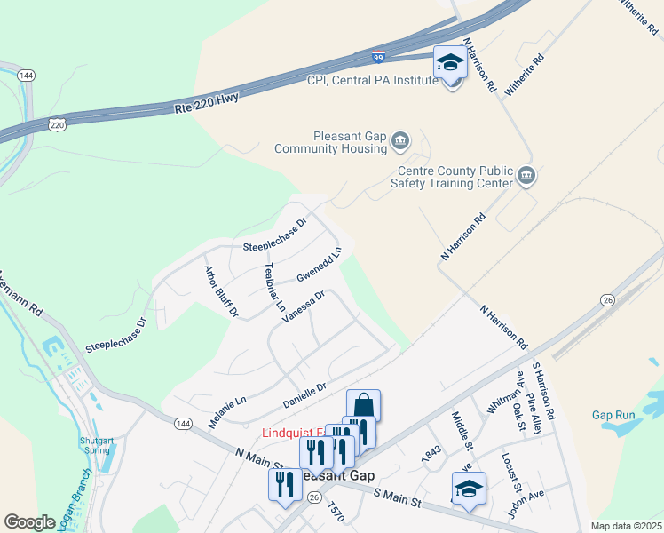 map of restaurants, bars, coffee shops, grocery stores, and more near 244 Gwenedd Lane in Bellefonte